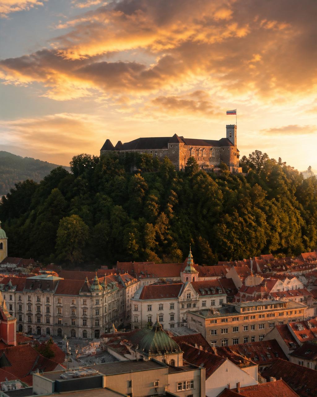 Ljubljana — pogled na Ljubljanski grad ob sončnem zahodu